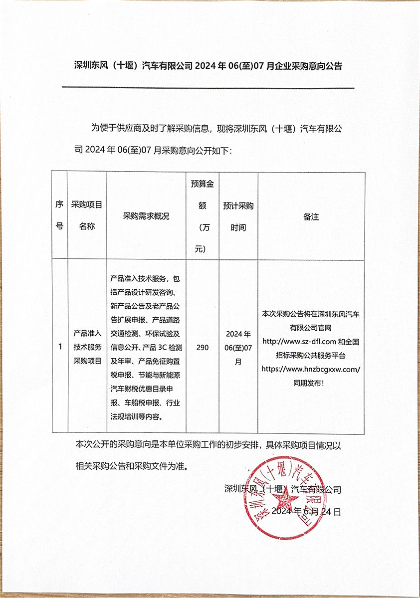 深圳東風（十堰）汽車有限公司2024年06(至)07月企業(yè)采購意向公告